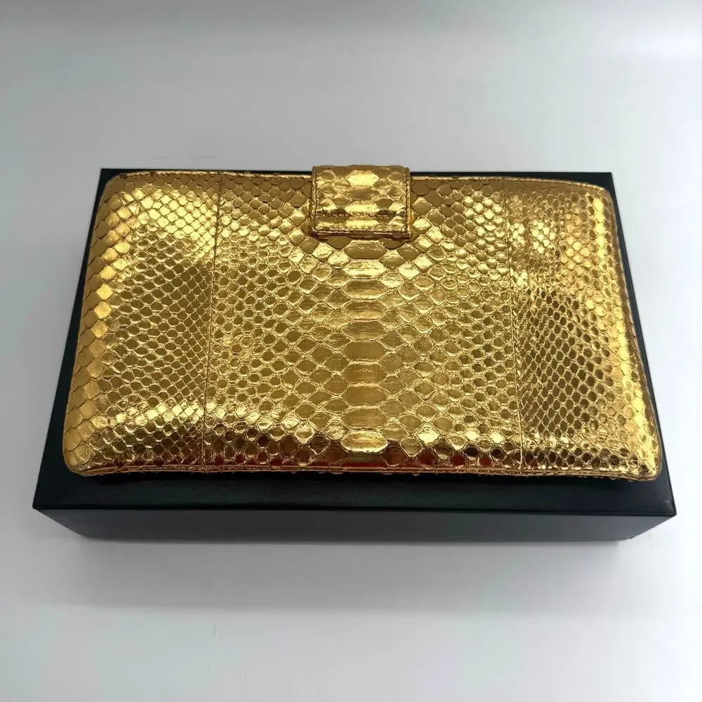 Chanel‎ Gold Metallic Python Clutch Series 19 2014 Full Set Glam